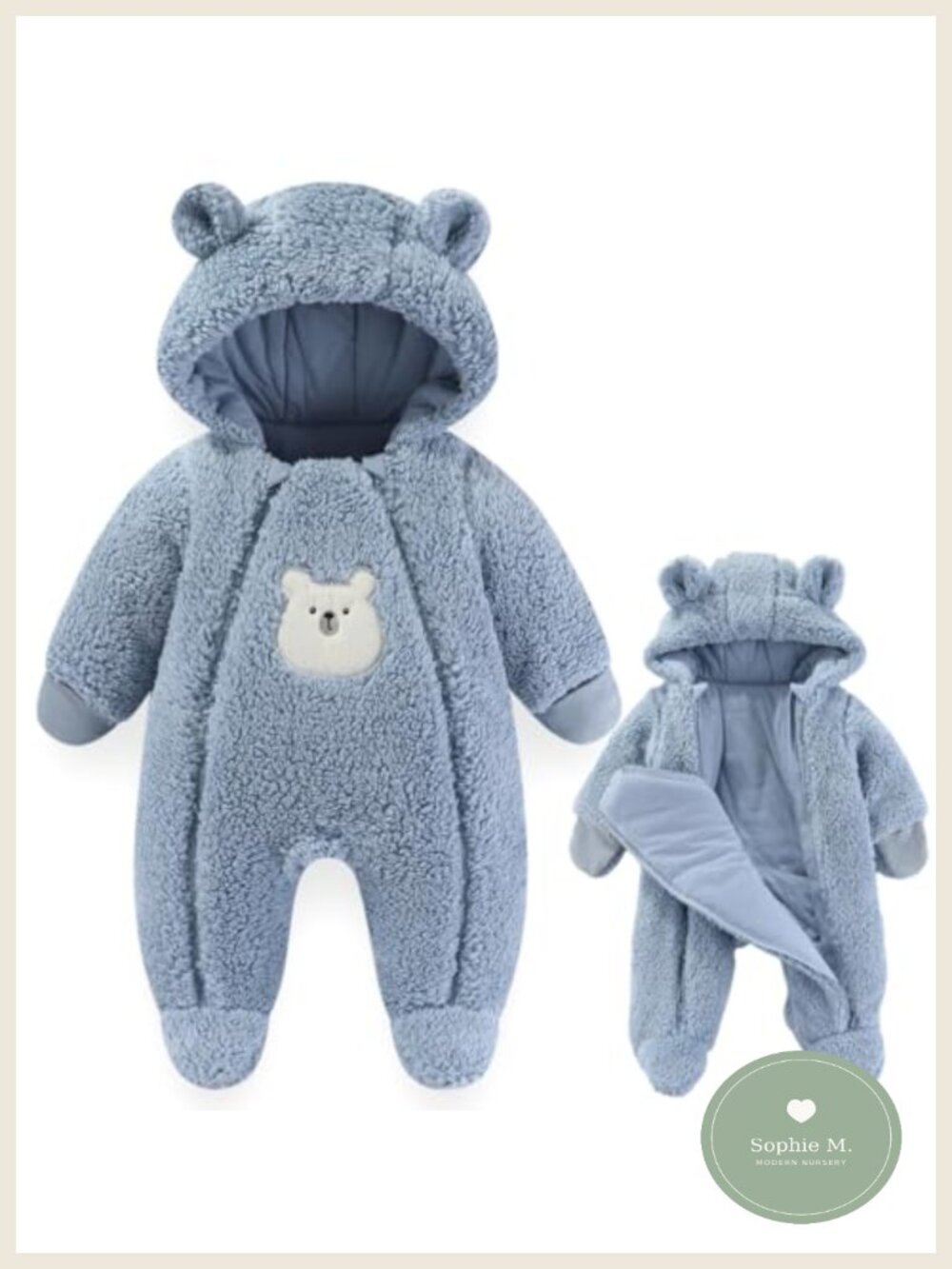 Newborn Fleece Snowsuit Bear Hooded Footie Double Zip Winter Jumpsuit 0-12M
